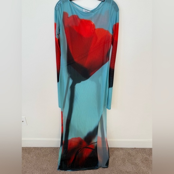 Rat & Boa Blue Red Floral Tulip Sheer Santino Maxi dress long sleeve XL NWOT - Picture 6 of 9